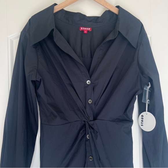 STAUD Clea Front Twist Long Sleeve Shirtdress in Black Size 12 NWT - Picture 5 of 6